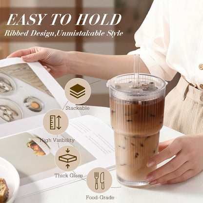 Iced Coffee Cups with Lids 2Pcs: Ribbed Glass Tumbler with Straw and Lid 20oz - Vintage Glass Cups with Lids and Straws - Tumbler Leak Proof Aesthetic Drinking for Coffee Bar Accessories