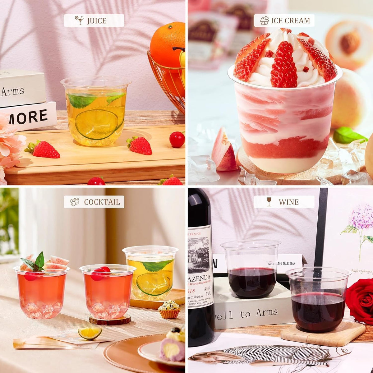 KesaPlan 100 Pcs 12oz Plastic Clear Cups, Disposable Wine Cocktail Glasses | Round Bottom, Crystal Stemless Party Bar Drink PET Cups for Meeting Weddings Birthday Christmas Valentine Party Supplies