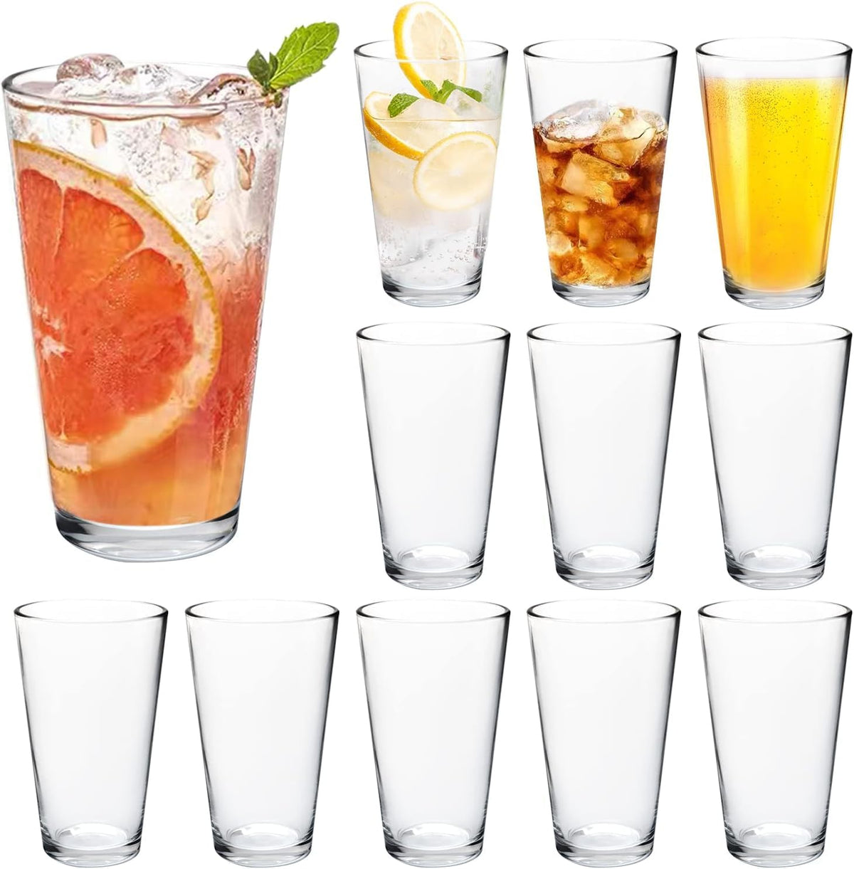 QAPPDA Drinking Glasses Set of 12, 16 oz Clear Glass Cups Cocktail Glasses | Highball Drinking Tumbler Glass Design for Home Dining, Bars, Pubs and Parties & Dishwasher Safe