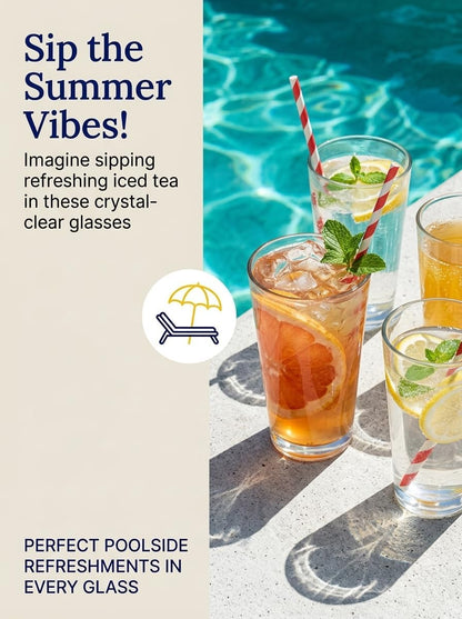 QAPPDA Drinking Glasses Set of 12, 16 oz Clear Glass Cups Cocktail Glasses | Highball Drinking Tumbler Glass Design for Home Dining, Bars, Pubs and Parties & Dishwasher Safe