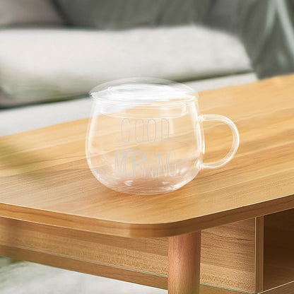 INOOMP Glass Milk Mug with Handle, Heat-resistant Breakfast Beverage Cup for Oatmeal and Tea, White Lettering with Lid, 1pcs Sturdy Glass Coffee and Latte Drinking Cup for Home Use