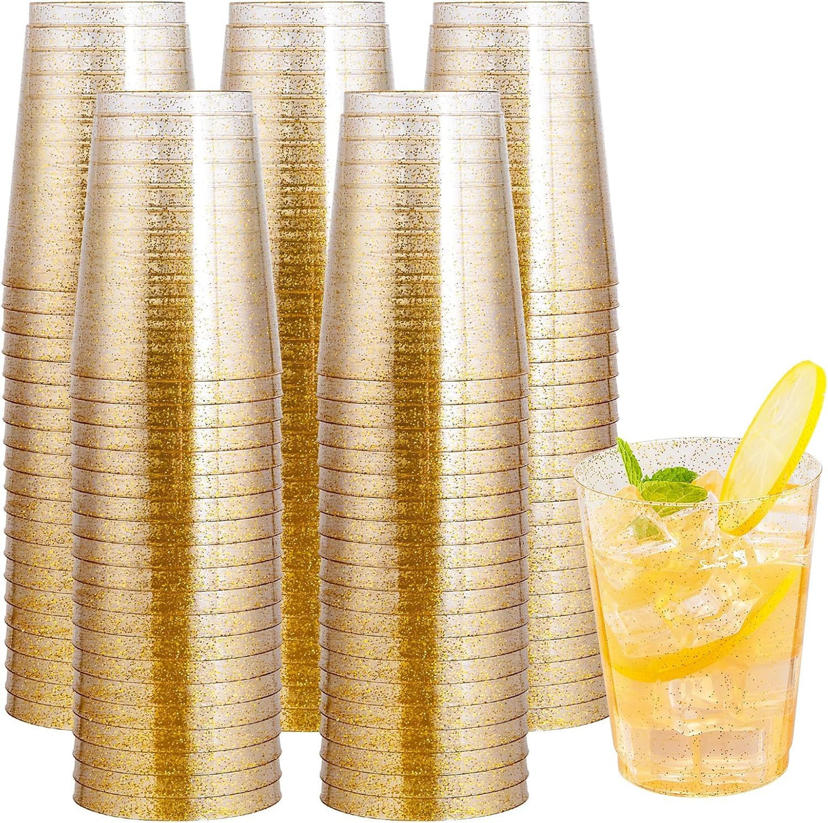 I00000 200 Pack Gold Plastic Cups, 9 Oz Elegant Clear Plastic Cups Gold Rimmed Disposable Wine Glasses Fancy Disposable Party Cup Wedding Cup Drinking Tumblers Cocktail Glasses Perfect for Party