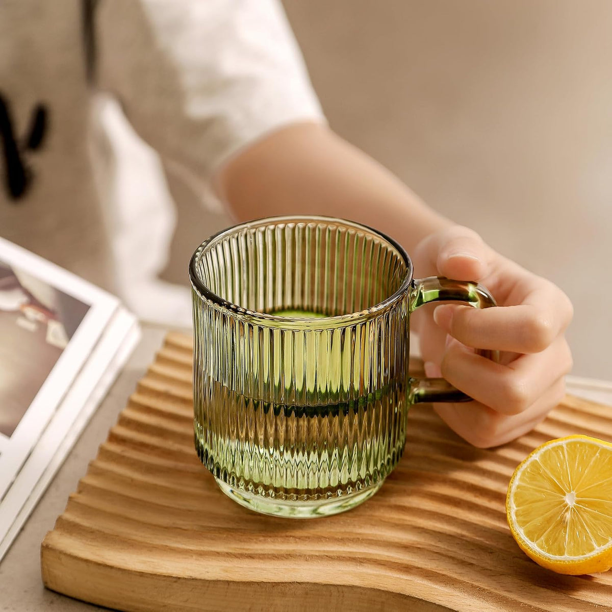 Lysenn Glass Coffee Mug with Lid - Premium Classical Vertical Stripes Glass Tea Cup - for Latte, Tea, Chocolate, Juice, Water - Lead-Free - Bamboo Lid - Lime Green | Classic Ribbed Design, Shining Glass for Coffee and Tea Lovers, Espresso, Lattes, Breakfa