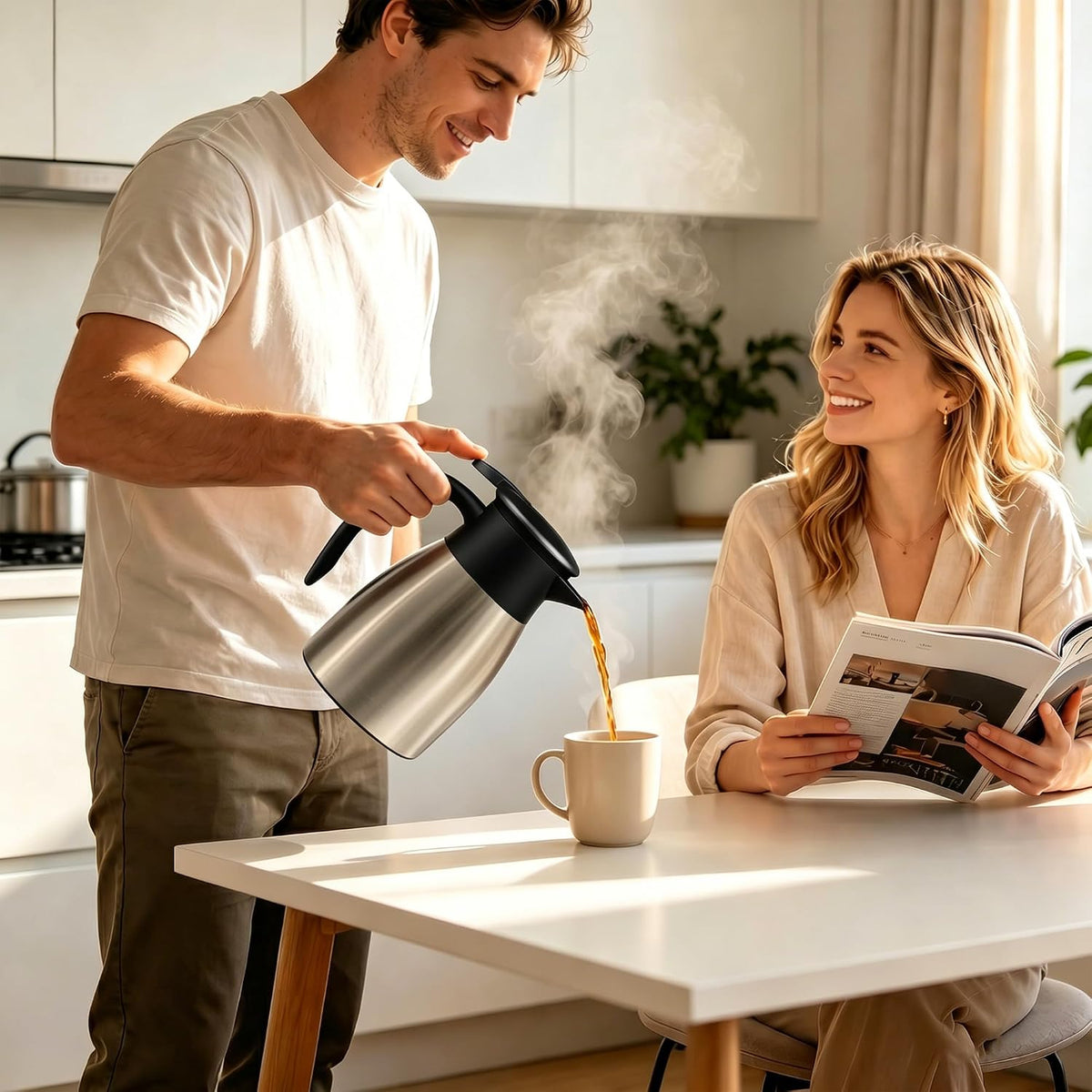 Thermal Coffee Carafe for Keeping Hot – 34OZ Insulated Small Coffee Pot | 304 Stainless Steel Coffee Flask, Tea Pitcher for Hot Drinks Liquid Water, Insulated Beverage Dispenser for Parties