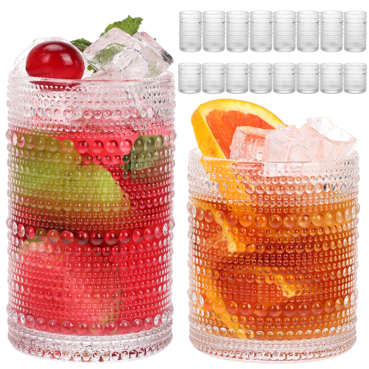 Moretoes Hobnail Drinking Glasses Set of 12, Vintage Water Glass Cups | 12 Oz Highball Glasses & 10 Oz Cocktail Glasses, Clear Embossed Boho Kitchen Bar Tumbler for Whiskey, Beer, Juice, Milk