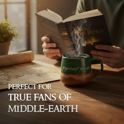 Silver Buffalo Lord of the Rings Elven, Reactive Glaze Pottery Mug, 14oz | High Gloss Finish, Tapered Shape, Elvish, Coffee Cup, Green, 0.4 Liters