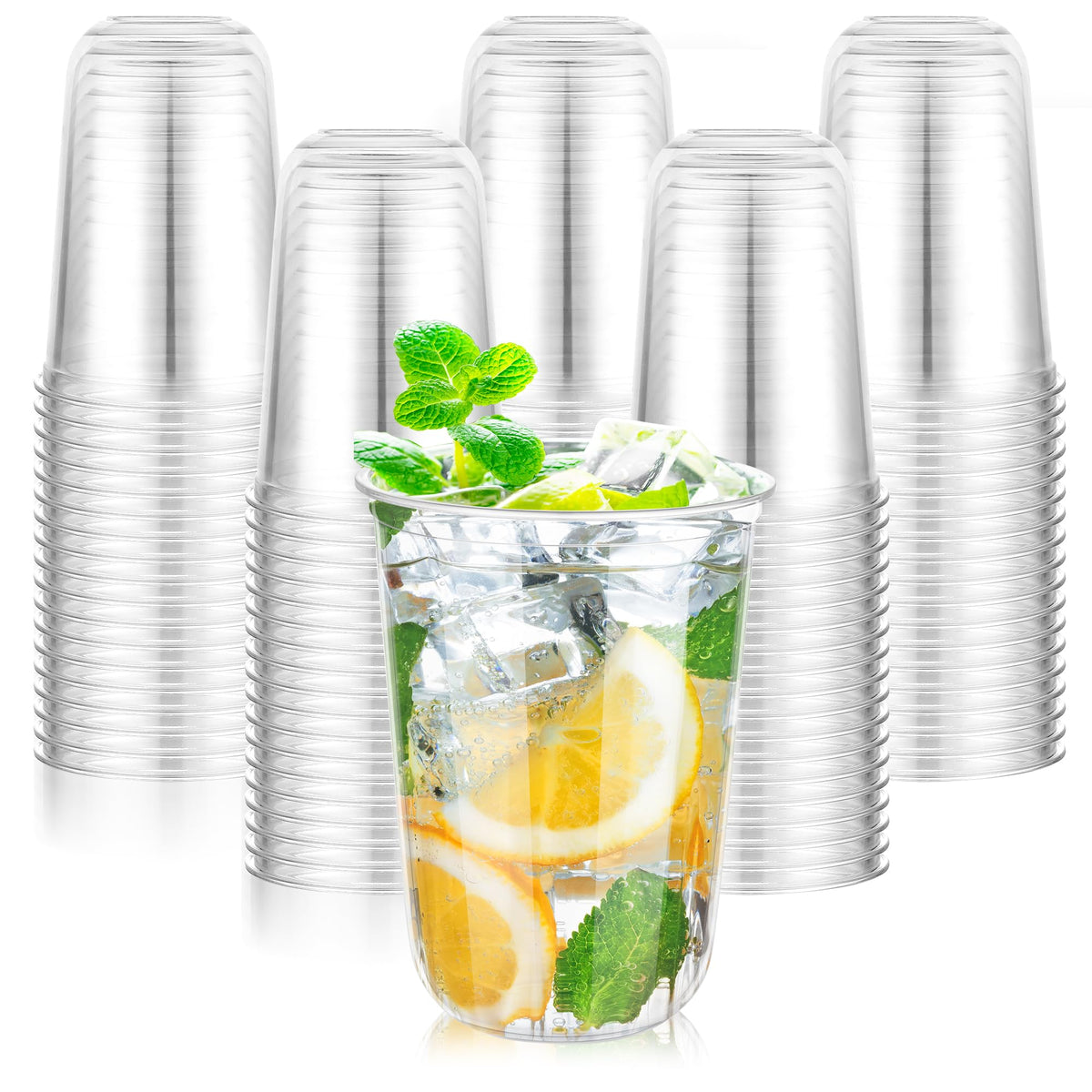 KesaPlan 100 Pcs 12oz Plastic Clear Cups, Disposable Wine Cocktail Glasses | Round Bottom, Crystal Stemless Party Bar Drink PET Cups for Meeting Weddings Birthday Christmas Valentine Party Supplies
