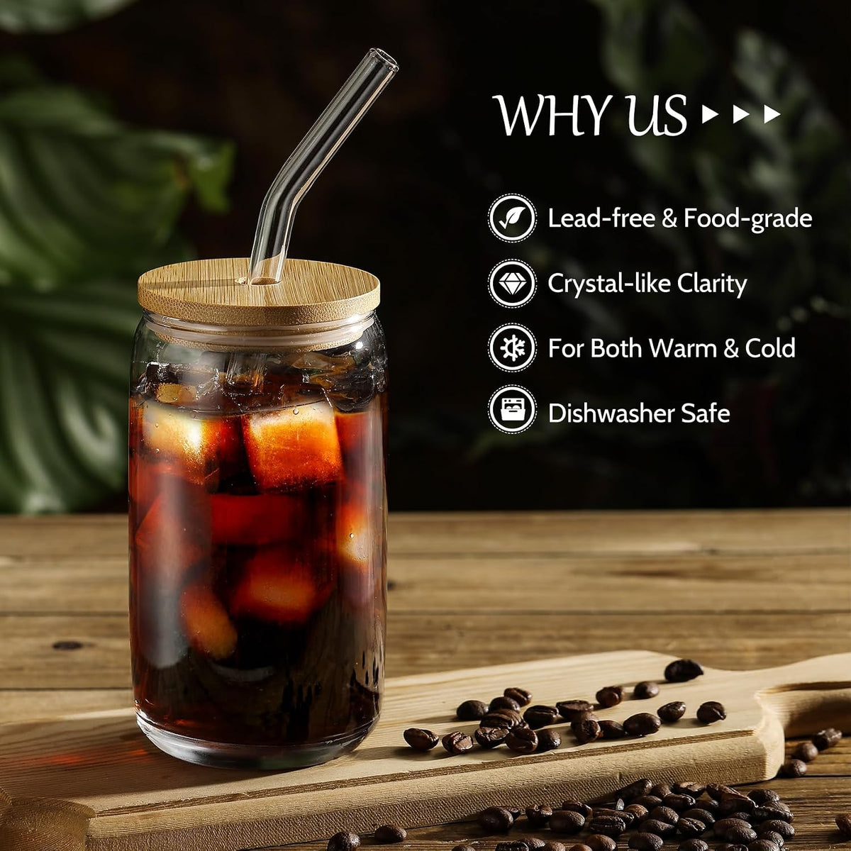 [ 12pcs Set ] Glass Cups with Bamboo Lids and Glass Straw - Beer Shaped Drinking Glasses, 16 oz Iced Coffee Glasses, Cute Tumbler Cup for Smoothie, Boba Tea, Whiskey, Water - 4 Cleaning Brushes