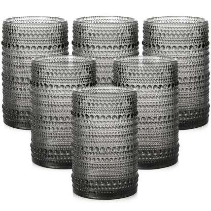 ZMOWIPDL Drinking Glasses Set of 6,15 oz Grey Hobnail Glass Cups | Vintage Glassware，Embossed Water Tumbler,for Beer,Cocktail,Whiskey,Juice and Various Mixed Drinks- 1 Cleaning Brush