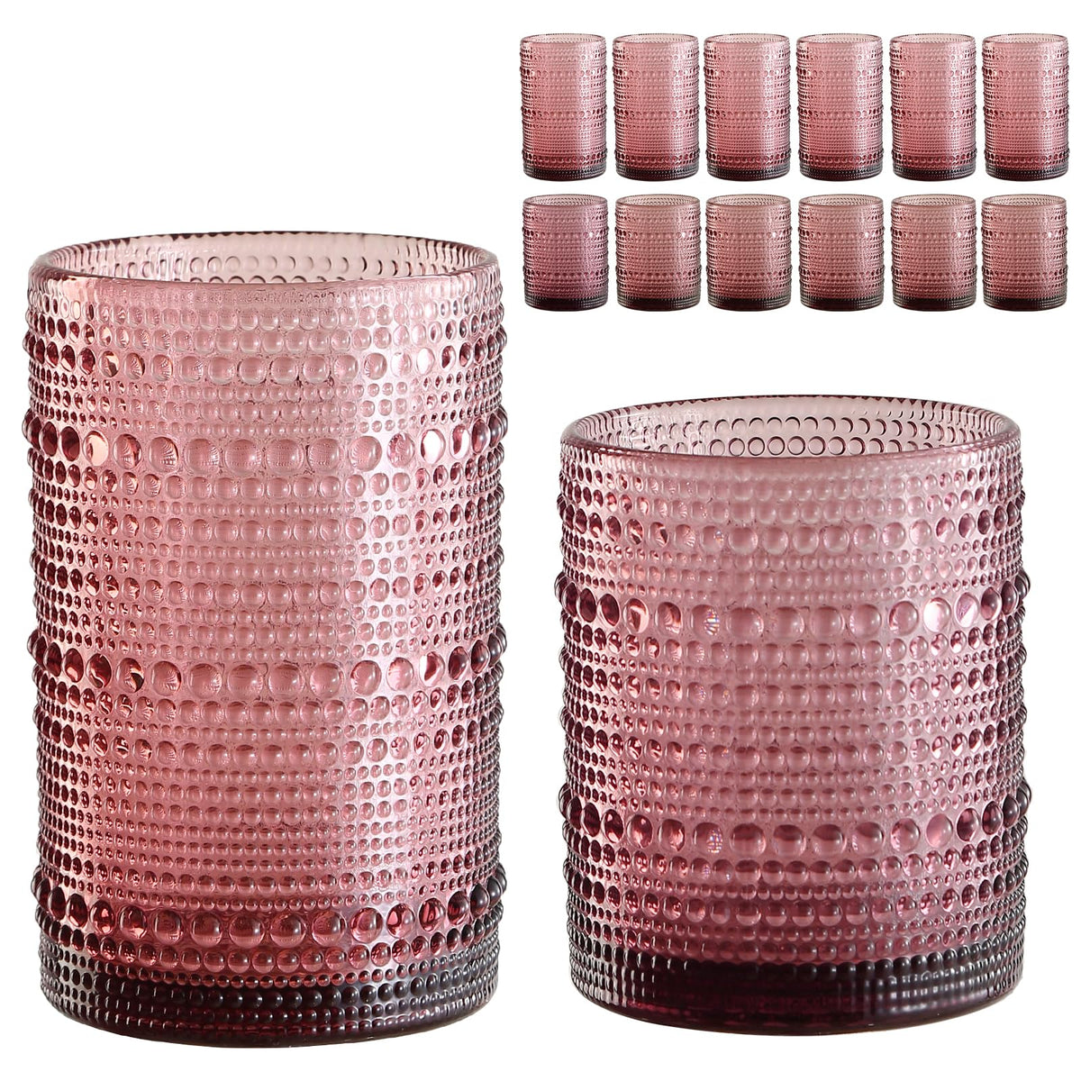 ZMOWIPDL Drinking Glasses Set of 6,15 oz Grey Hobnail Glass Cups | Vintage Glassware，Embossed Water Tumbler,for Beer,Cocktail,Whiskey,Juice and Various Mixed Drinks- 1 Cleaning Brush