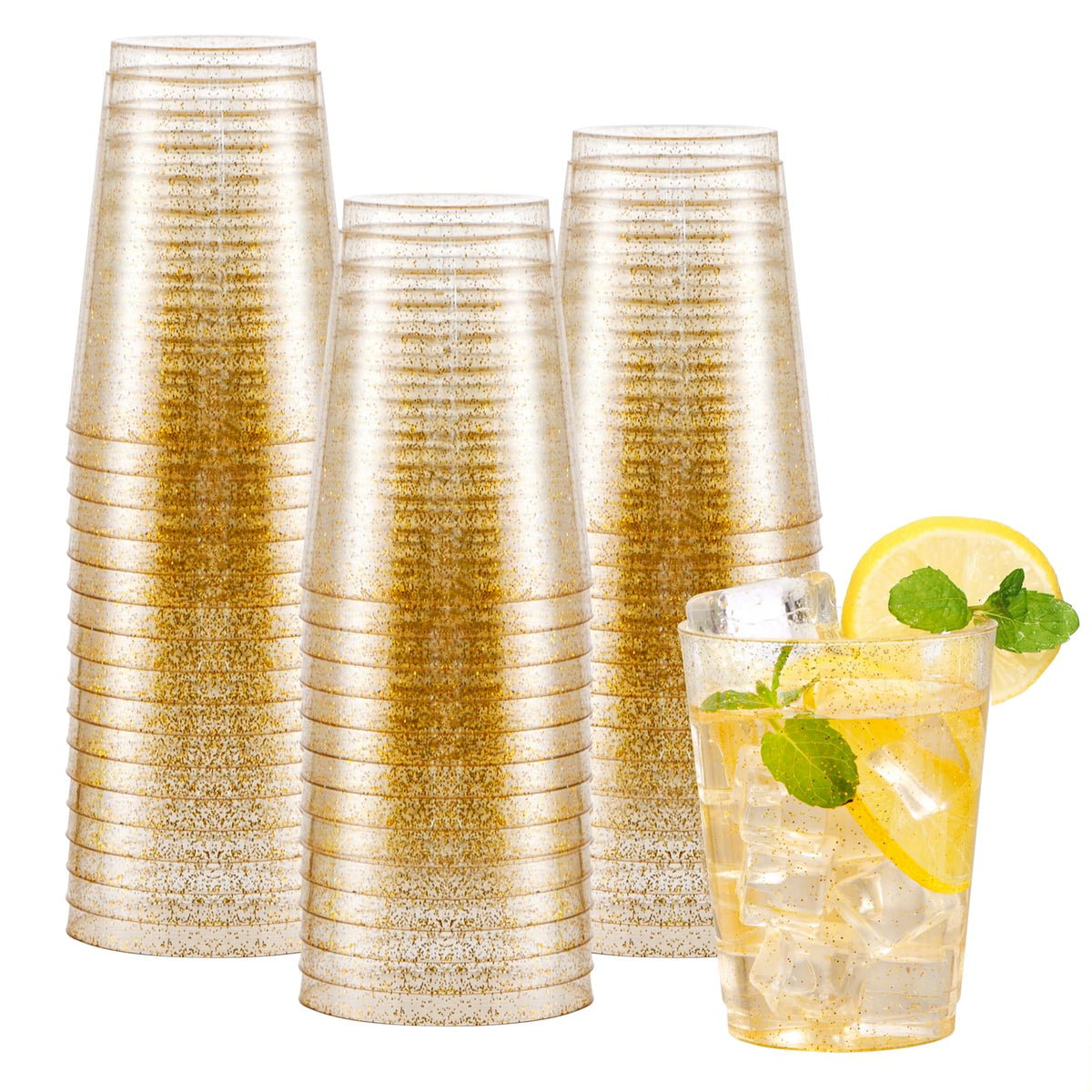 I00000 200 Pack Gold Plastic Cups, 9 Oz Elegant Clear Plastic Cups Gold Rimmed Disposable Wine Glasses Fancy Disposable Party Cup Wedding Cup Drinking Tumblers Cocktail Glasses Perfect for Party