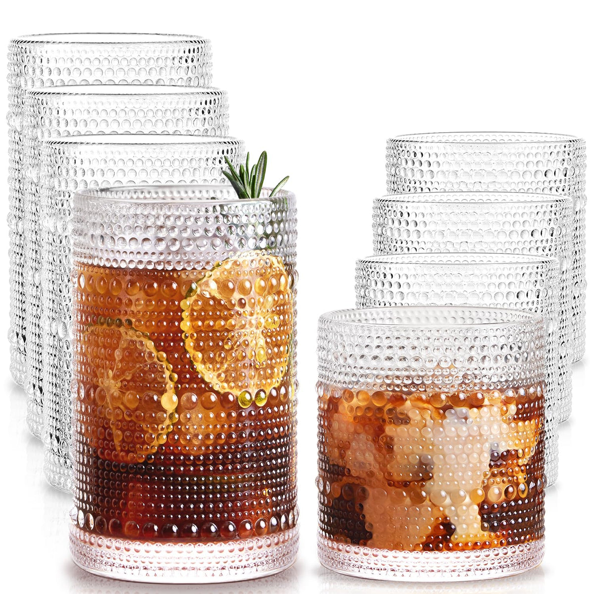 Drinking Water Glass Cups Set,Crystal Clear ribbed Glass set of 8,17oz&12oz | Unique Design Vintage Cocktail Glass, Tall Glass Cups Ideal for Ice Coffee Cup, Whiskey, Mixed Drinkware