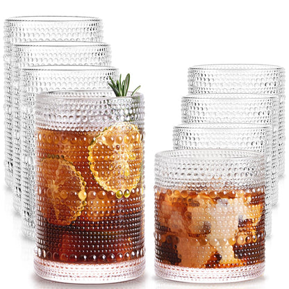 Drinking Water Glass Cups Set,Crystal Clear ribbed Glass set of 8,17oz&12oz | Unique Design Vintage Cocktail Glass, Tall Glass Cups Ideal for Ice Coffee Cup, Whiskey, Mixed Drinkware
