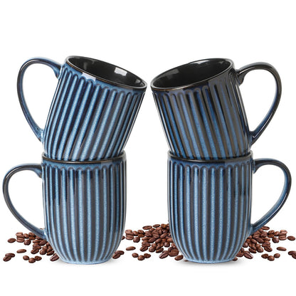 HASENSE Textured Large Coffee Mugs Set of 4, 16 Oz Ribbed Ceramic Cups with Large Handle for Latte Tea Cappuccino, Stackable Embossed Mug Set for Mom Dad, Microwave Dishwasher Safe, Creamy White
