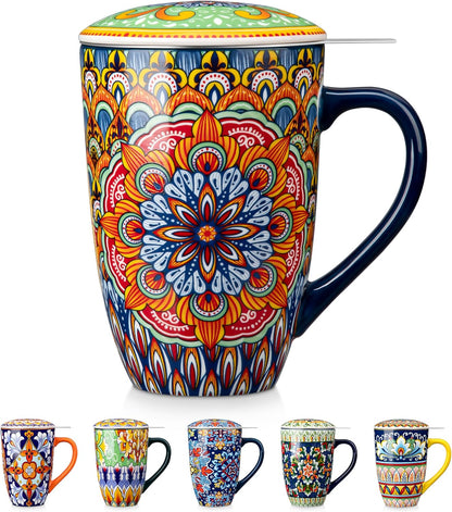 vancasso Ceramic Tea Mug with Infuser and Lid, 18 Ounce Bohemian Loose Leaf Cup, Microwave & Dishwasher Safe, Perfect for Tea, Coffee, Burnt-Cobalt Mandala