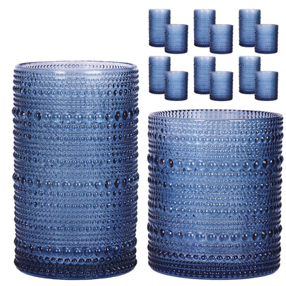 Moretoes Hobnail Drinking Glasses Set of 12, Vintage Water Glass Cups | 12 Oz Highball Glasses & 10 Oz Cocktail Glasses, Clear Embossed Boho Kitchen Bar Tumbler for Whiskey, Beer, Juice, Milk