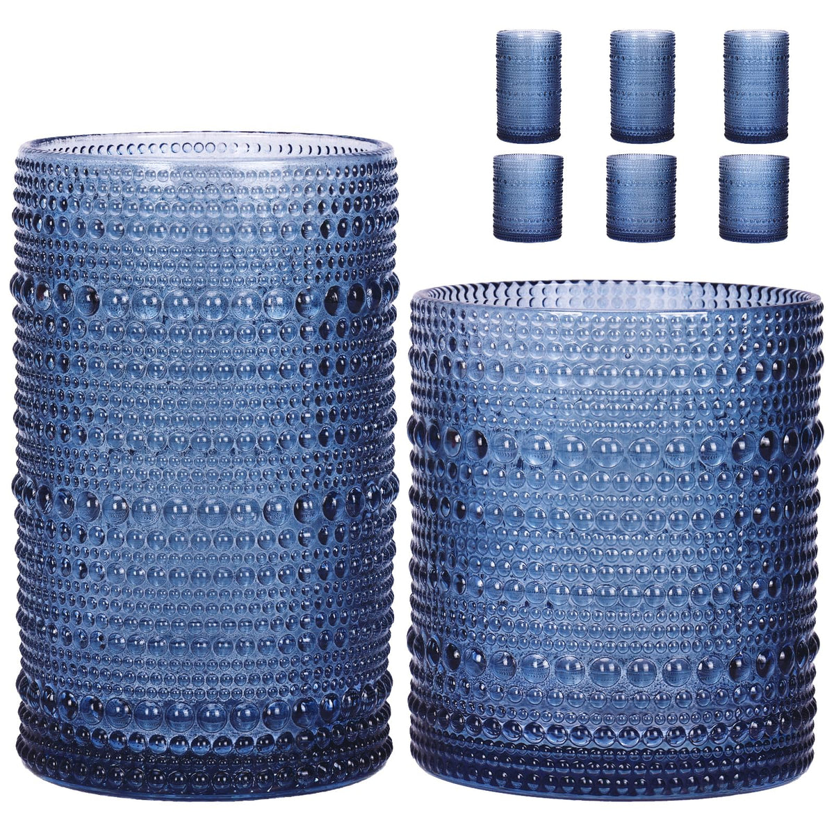 Moretoes Hobnail Drinking Glasses Set of 12, Vintage Water Glass Cups | 12 Oz Highball Glasses & 10 Oz Cocktail Glasses, Clear Embossed Boho Kitchen Bar Tumbler for Whiskey, Beer, Juice, Milk