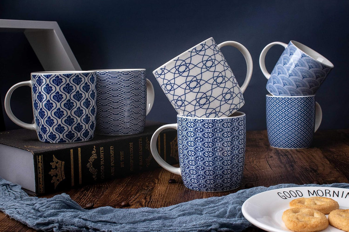 Set of 6 11.5 oz Coffee Mugs with Blue and White Geometric Patterns, Ceramic Tea Cup Set
