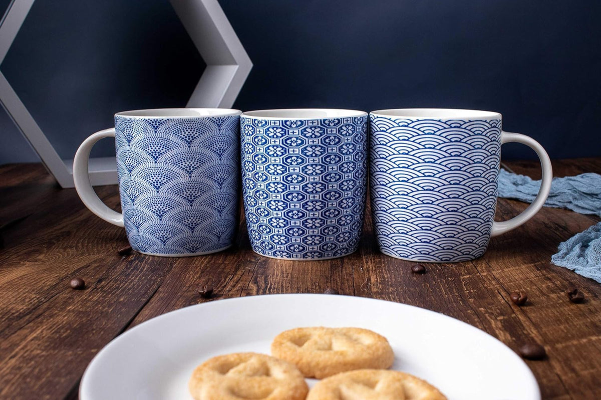 Set of 6 11.5 oz Coffee Mugs with Blue and White Geometric Patterns, Ceramic Tea Cup Set