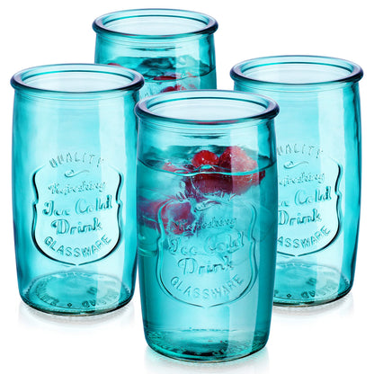 Glaver's Drinking Glasses – Set of 4 Authentic Mason Vintage Glassware – Clear Glass Tumblers for Cocktails, Water, Juice – Embossed Vintage Drinking Glasses