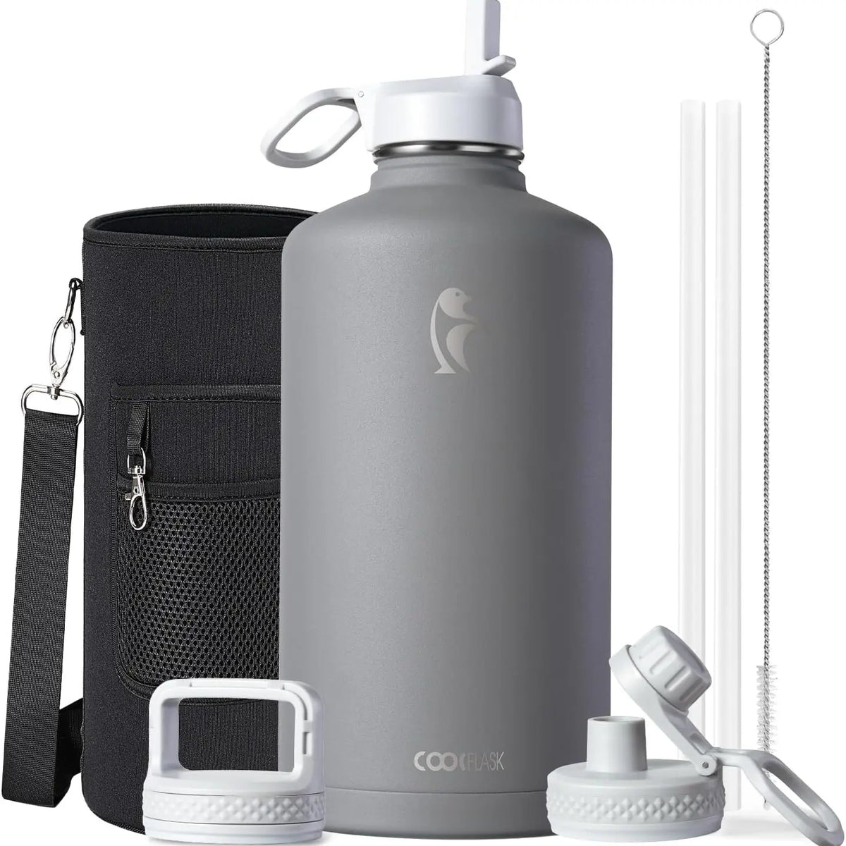 Coolflask 32/40/64/87/128oz Portable Insulated Water Bottle with Straw & 3 Lids, Stainless Steel Flask for Outdoor or Office, Travel Bottled Drinkware