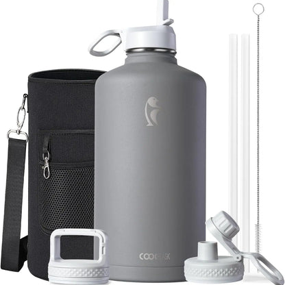 Coolflask 32/40/64/87/128oz Portable Insulated Water Bottle with Straw & 3 Lids, Stainless Steel Flask for Outdoor or Office, Travel Bottled Drinkware