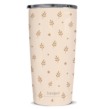 SANDJEST 20oz Stylish Botanical Daisies Insulated Stainless Steel Coffee Flask - Portable, Leakproof, Double-Wall Keeps Coffee Cozy Longer, Cup Holder Friendly, Reusable, Gym-to-Office Use, Iced or Hot Ready, Gift for Her