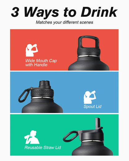 Coolflask 32/40/64/87/128oz Portable Insulated Water Bottle with Straw & 3 Lids, Stainless Steel Flask for Outdoor or Office, Travel Bottled Drinkware